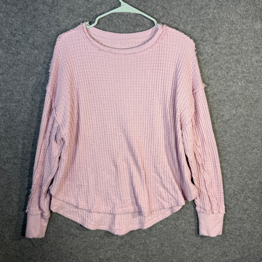 SO Pink Waffle Knit Long Sleeve Top Raw Hem Casual Size Medium
